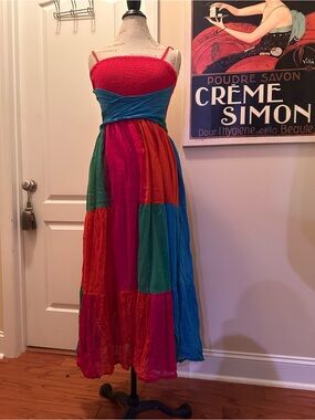 Multicolor Smocked Bodice Tiered Maxi Dress with Wrap Waist